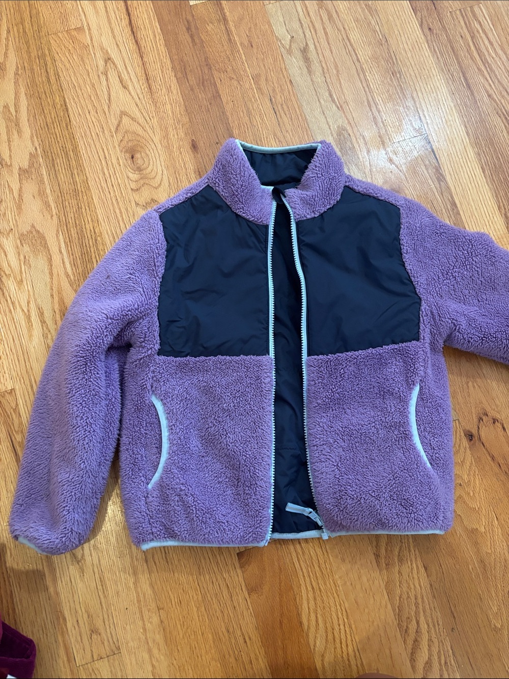 Kids Lavender Sherpa Puffer Jacket with Black Chest Panel